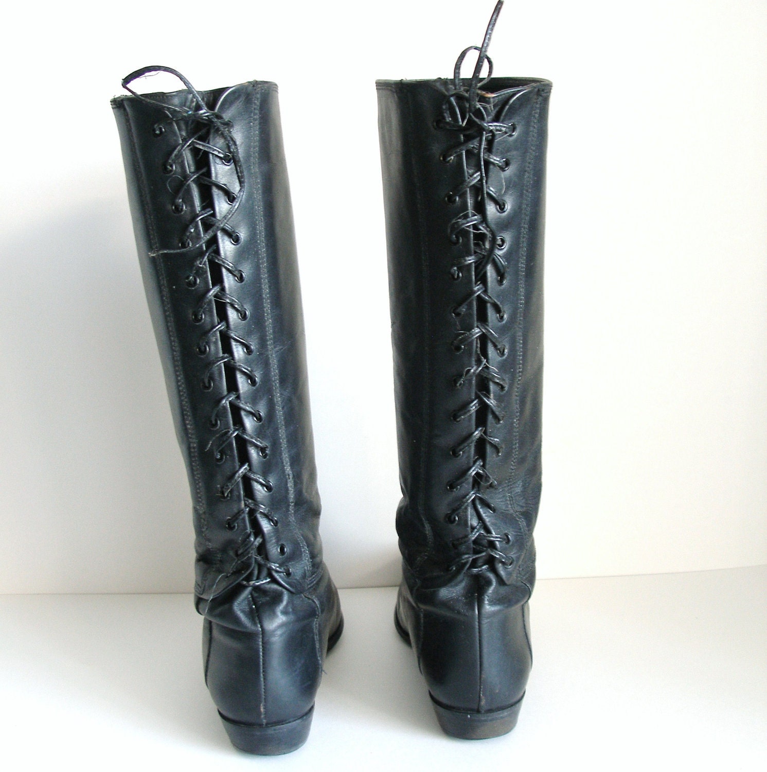 Vintage Knee High Boots - Black Leather Lace Up Riding Boots, Motorcycle / Equestrian