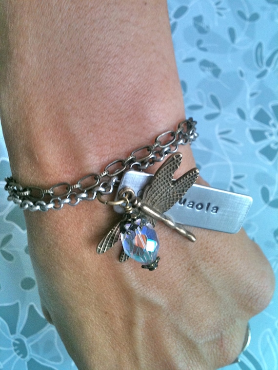NEW-Sparkly Mixed Metal Dragonfly Bracelet...Hand Stamped by DC&T on Etsy