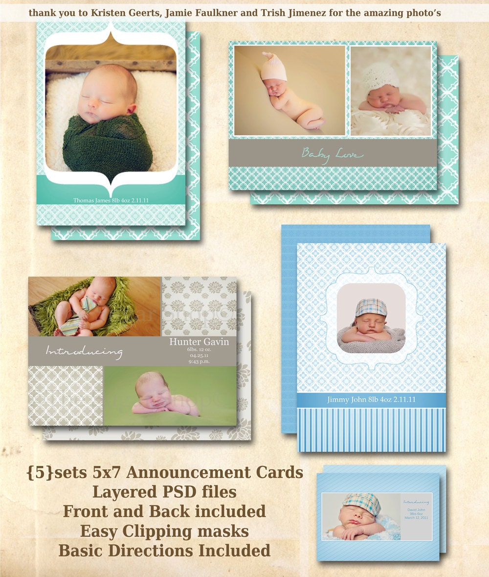 5x7 and 5x5 Baby Boy Birth Announcement Photography Templates, 4 cards set 101