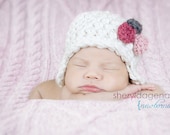 Newborn Chunky Earflap Beanie accented with 3 crocheted roses CUSTOM colors upon request photography prop