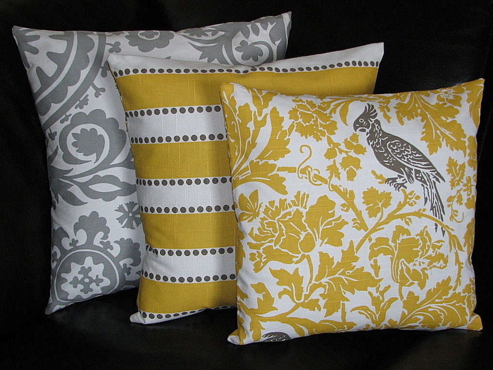 Pillows Decorative Pillows TRIO suzani, lulu stripe, barber bird 16x16 inch Throw Pillow Covers gray 16" storm grey, corn yellow, white
