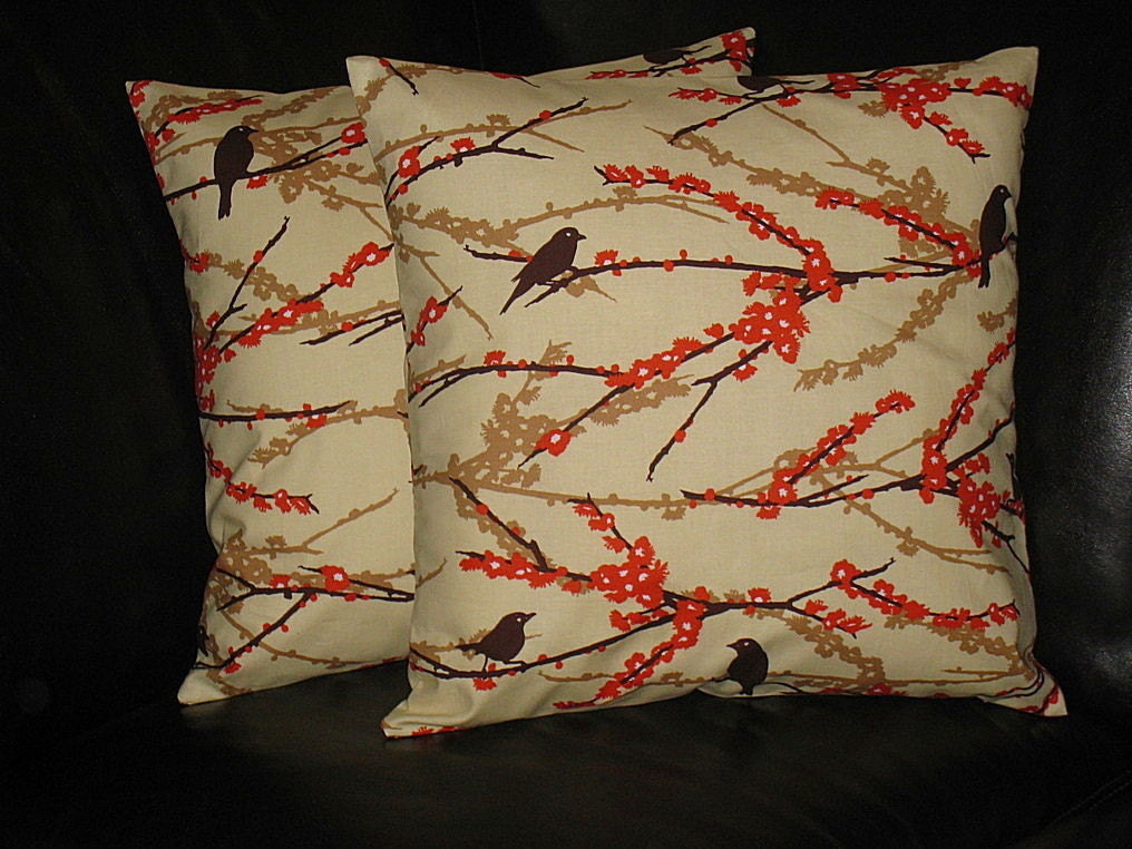 Pillows Decorative Pillows Tangerine, Ivory Sparrows 20x20 inch Throw Pillow Covers orange 20" Joel Dewberry Aviary 2