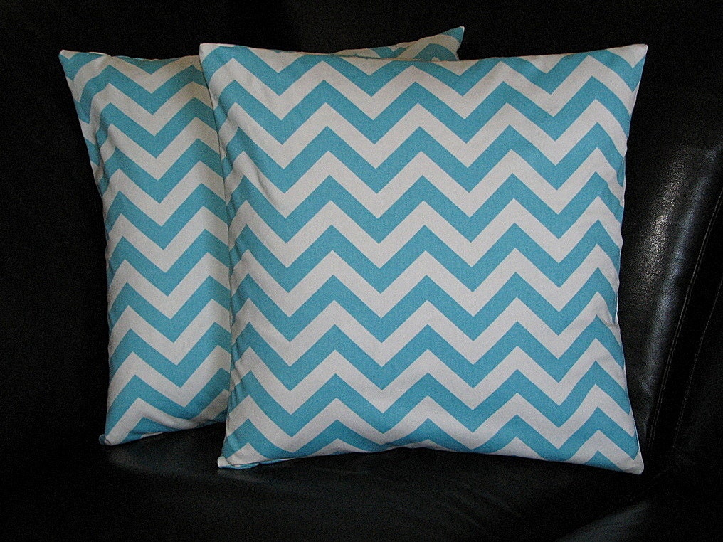 CHEVRON pillows 20 inch Zig Zag Decorative Throw Pillows Turquoise and White zigzag Set of Two 20"