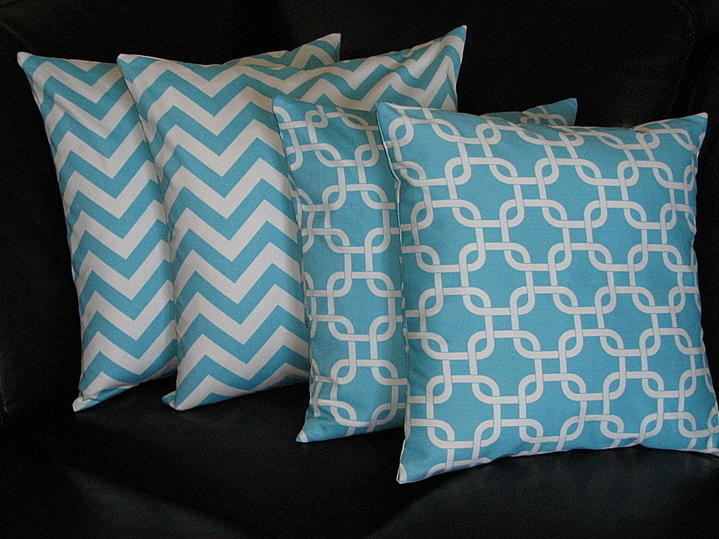 CHEVRON pillows 20 inch Zig Zag Decorative Throw Pillows Turquoise and White zigzag Set of Two 20"