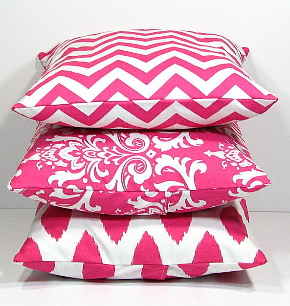 Hot PINK Pillows Decorative Pillows TRIO chevron, damask, ikat set of THREE 18x18 inch Throw Pillow Covers 18" pink, white Zig Zag
