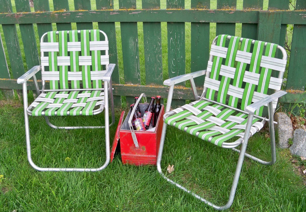 A Pair of Vintage Green & White Webbed Lawn Chairs "Ready for Summer Fun"