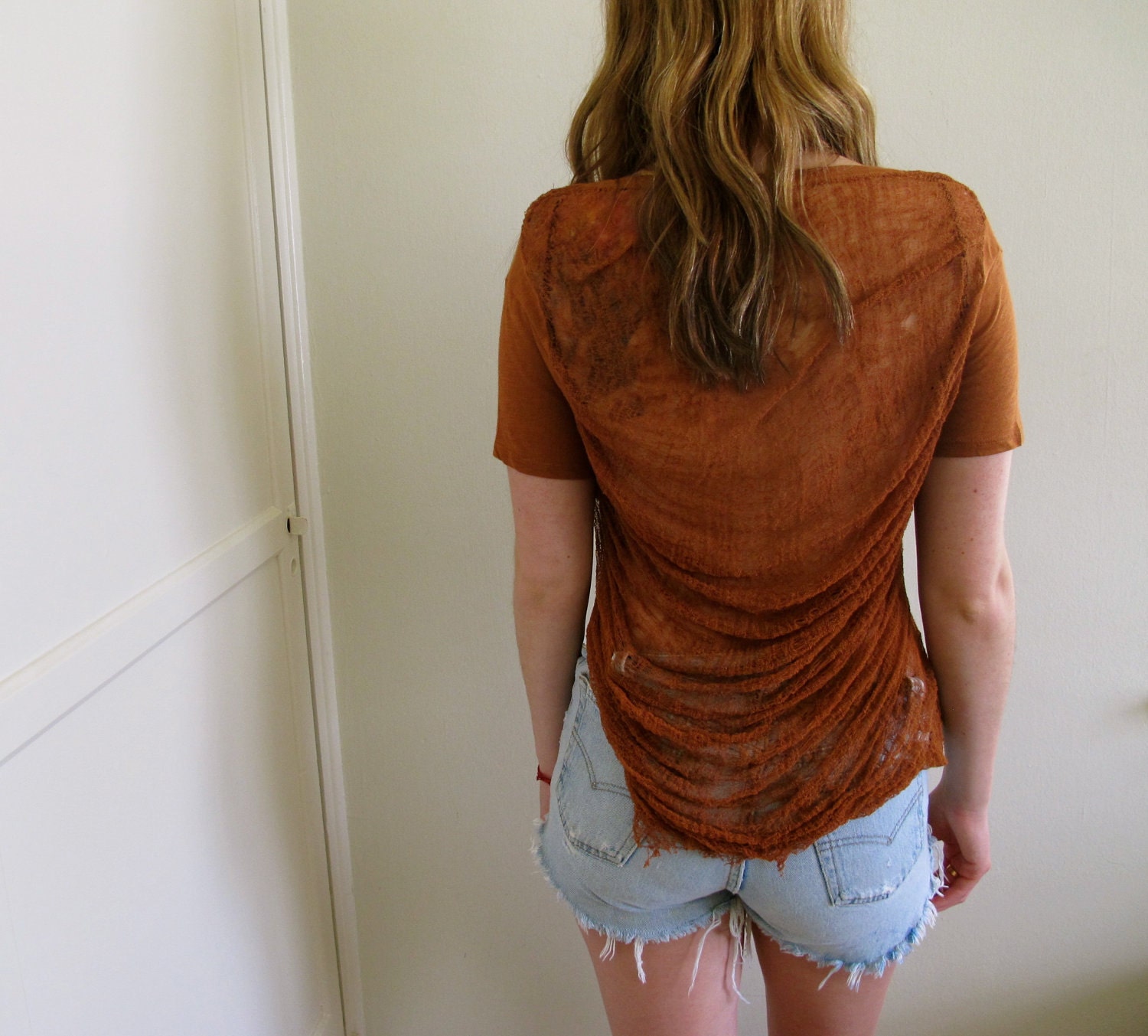 Brown Shredded Back Shirt Crop Top Tunic