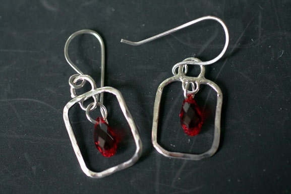Sterling Silver Frame Earrings with Red Swarovski Hand Forged