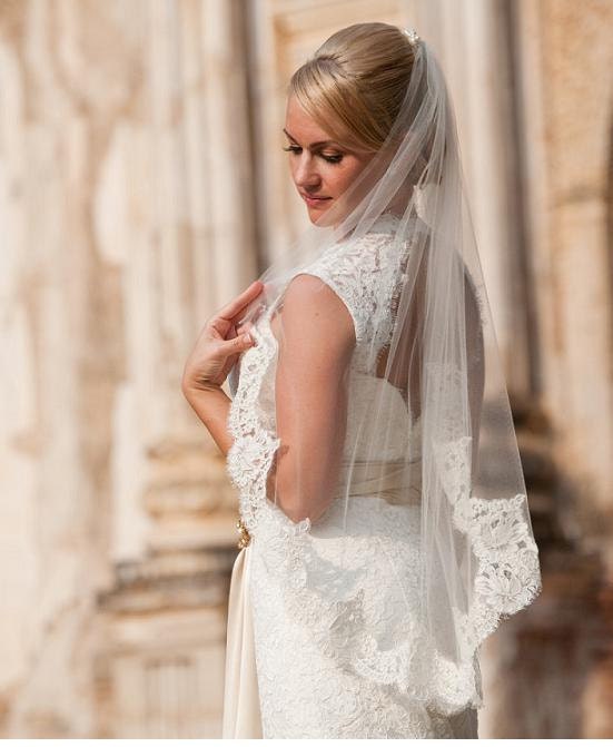 40 inches single tier finger tip/waist length with 4 inch Alencon lace wedding veil, bridal veil-  in white, light ivory, and ivory