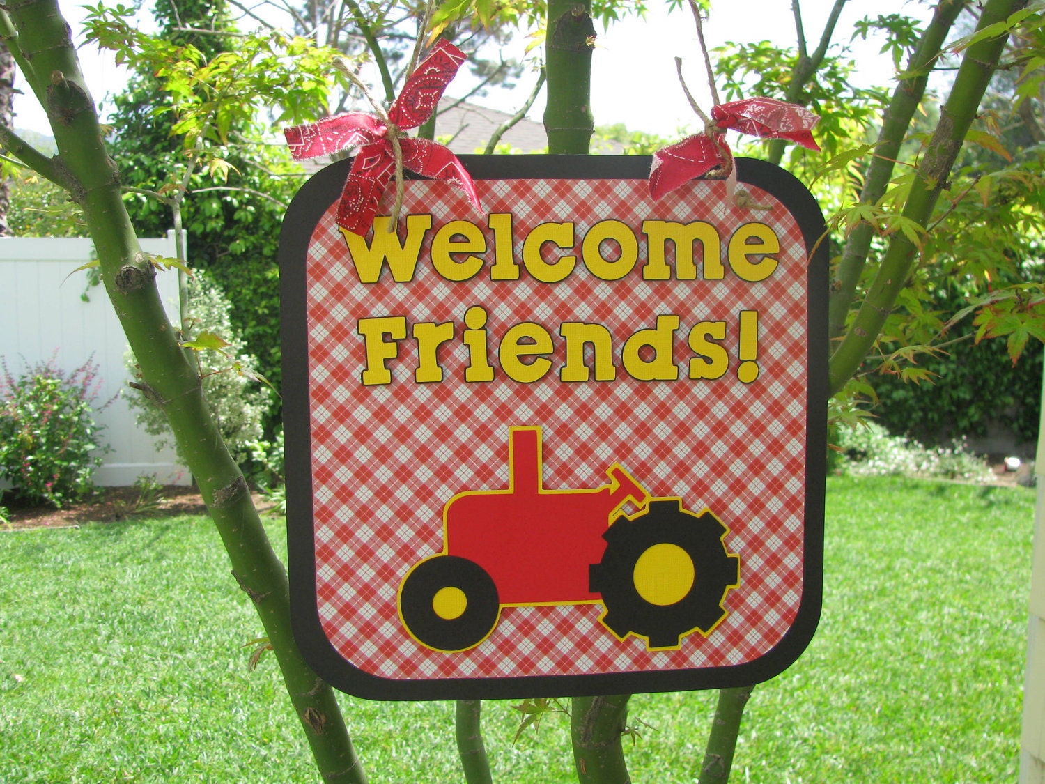 Red Tractor Party Door Sign - Welcome Friends