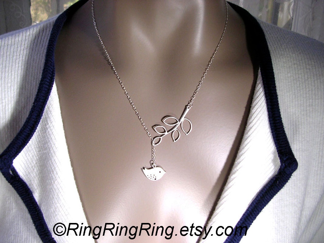 White Gold branch and bird necklace -  Adjustable sterling silver necklace with extension 101612