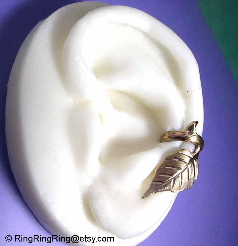 Rose leaf with thorn - Left ear cuff earring jewelry, gold brass earcuff  102512