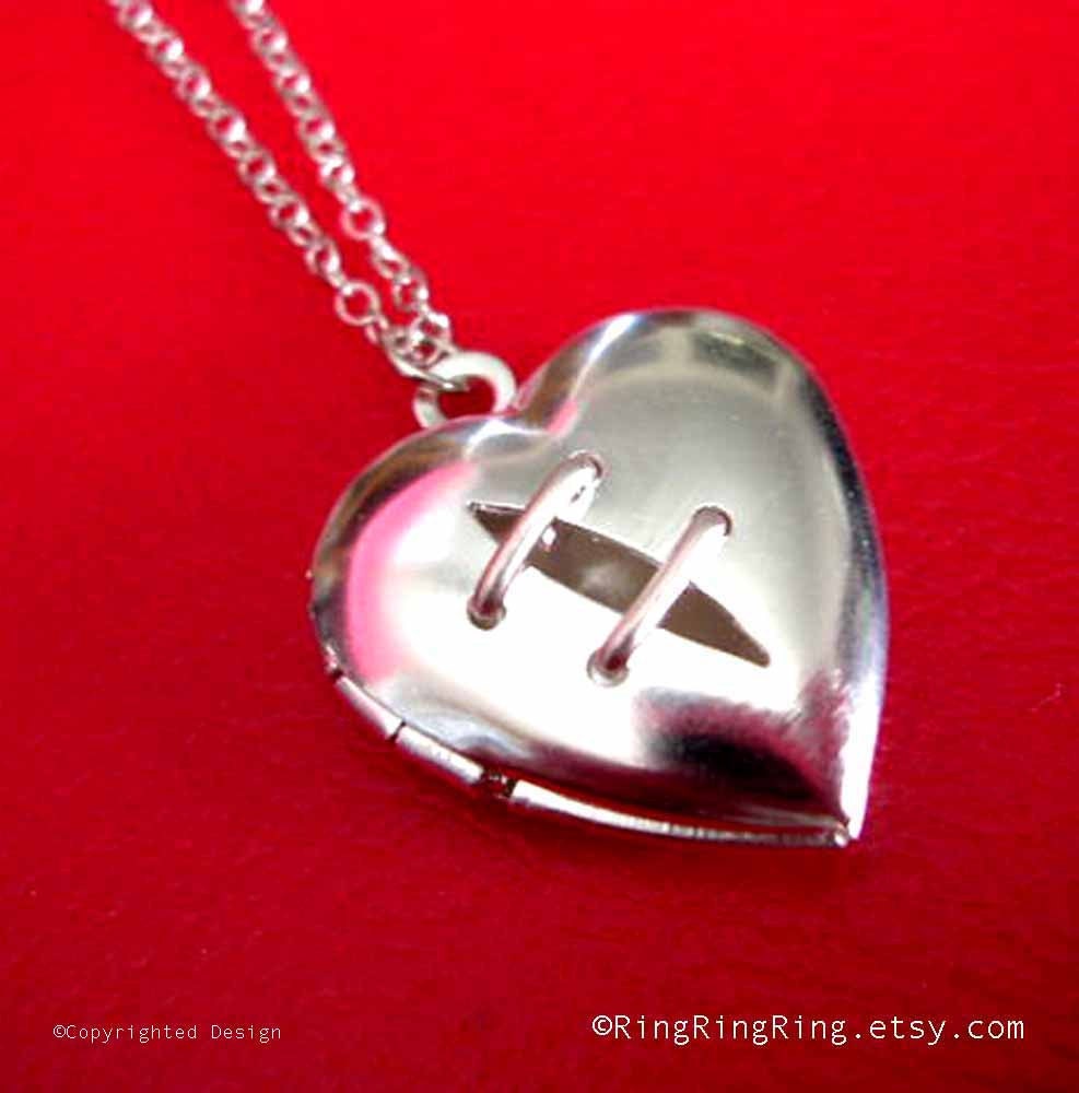 Stitched mended broken Heart locket pendant necklace - Sterling silver necklace jewelry, Open heart surgery gift 111612