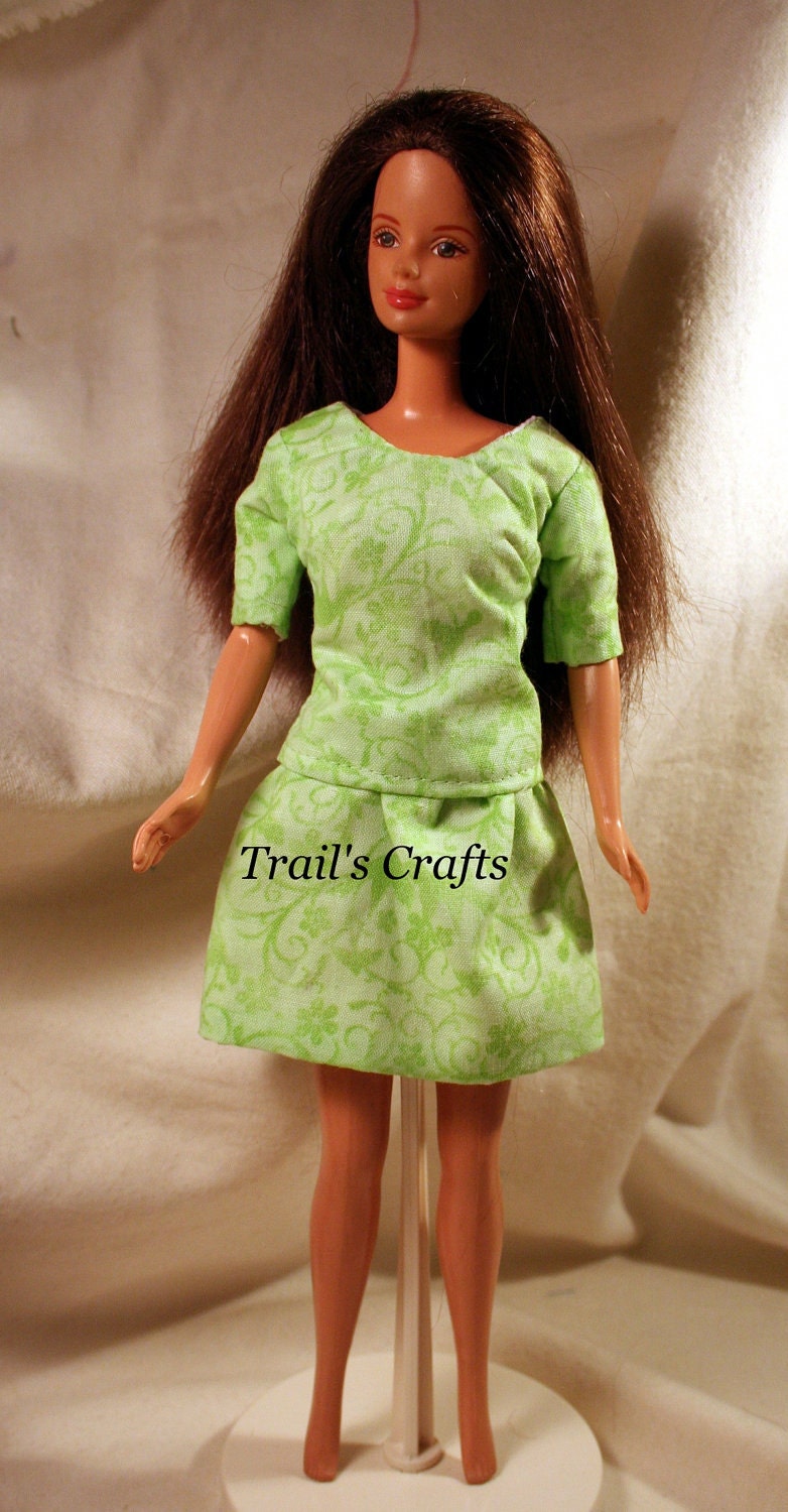Handmade Barbie Clothes Doll Outfit Style 27 Light Green Floral