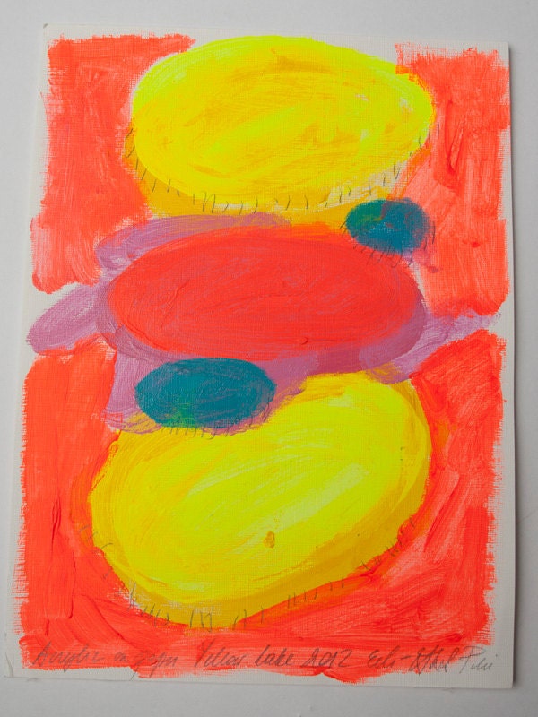 painting acrylic lake original on paper yellow mixed media fine art blue