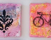 SALE painting pink bicycle ornament pattern pink original mixed media textured black