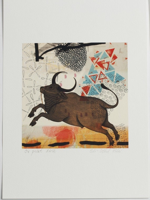 ox print art white brown yellow animal giclee