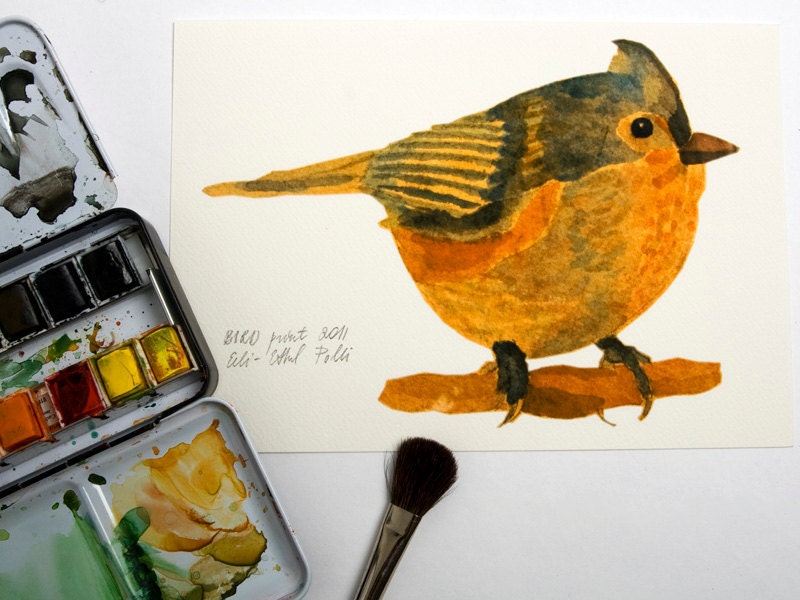 bird art print illustration drawing orange blue home decor