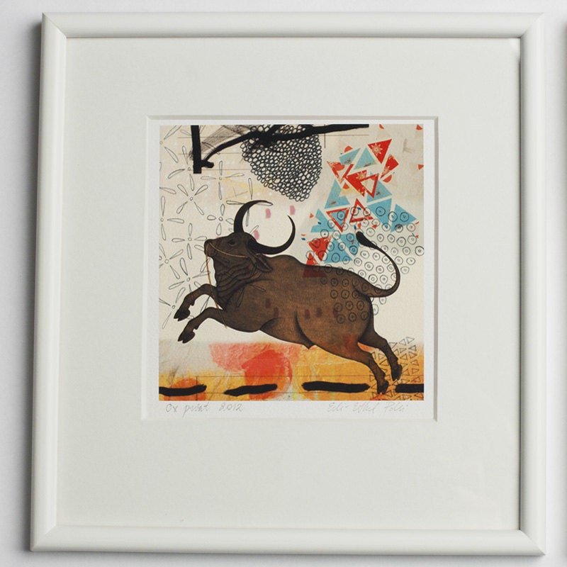 ox print art white brown yellow animal giclee