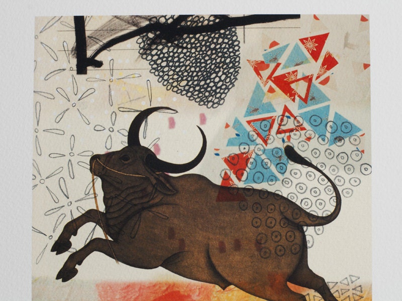 ox print art white brown yellow animal giclee