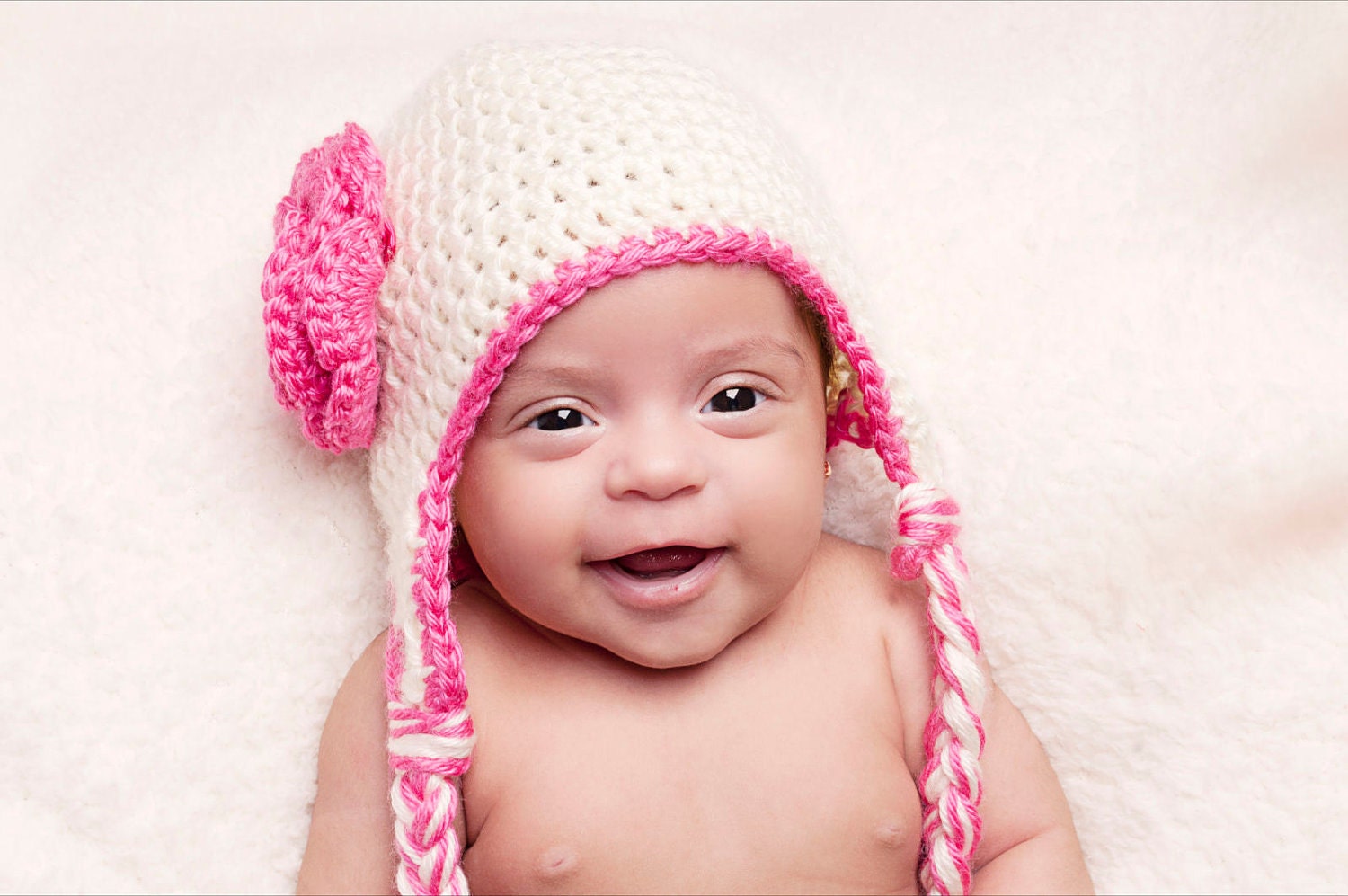 Crochet Baby Earflap Hat, Newborn Earflap Hat, Infant Earflap Hat, Ivory, Hot Pink, Children Earflap Hat