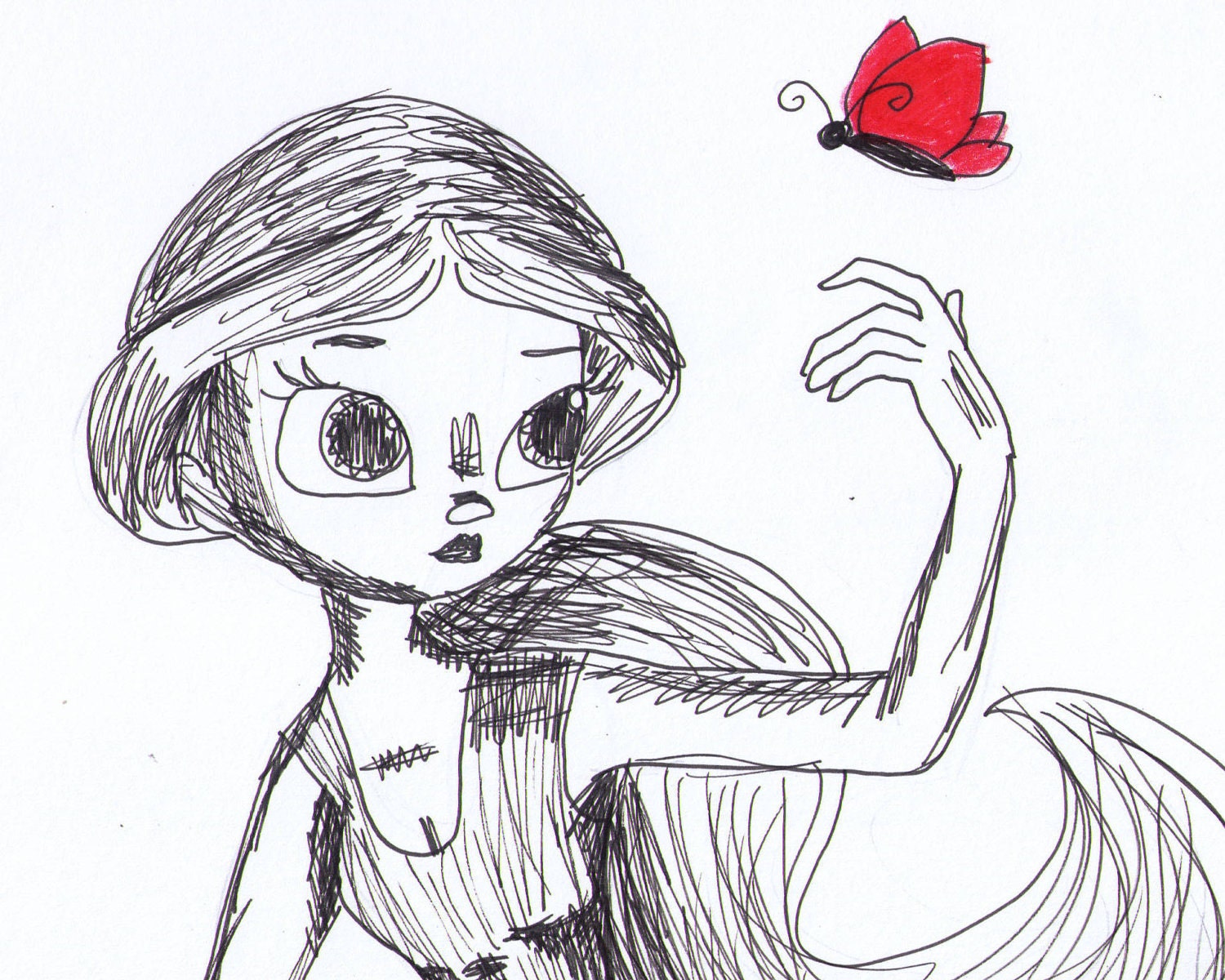 Ink drawing of girl with red butterfly 8x10 sketch print "Butterfly Friend" - Cadouxdle