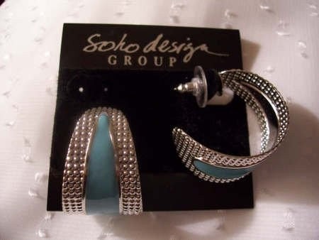 Blue Pierced Earrings Silver Tone Hoops Vintage Turquoise Wide Textured