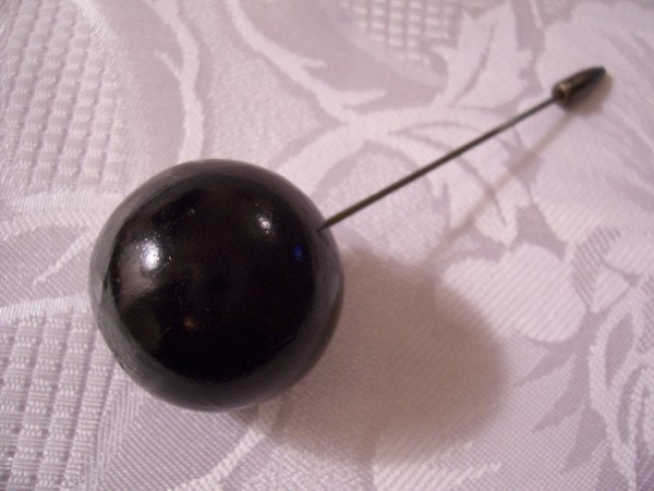 Black Stick Pin Brooch Silver Tone Large Ball Bead Hat Coat Scarf Vintage Screw On Tip