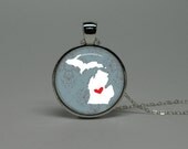 Silver Glass Necklace with I Heart Michigan