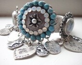 Bohemian hippie charm bracelet in Turquoise  and white opal with Karen Hill Tribe heart charms  - gypsy style cuff bracelet