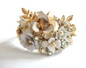 Bridal cuff bracelet - wedding jewelry in ivory white and gold - vintage shabby chic flowers wrist corsage