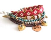 Bohemian hippie gypsy bracelet - multiple rows in pink and turquoise with friendship bracelet - handstamped tag and golden hearts