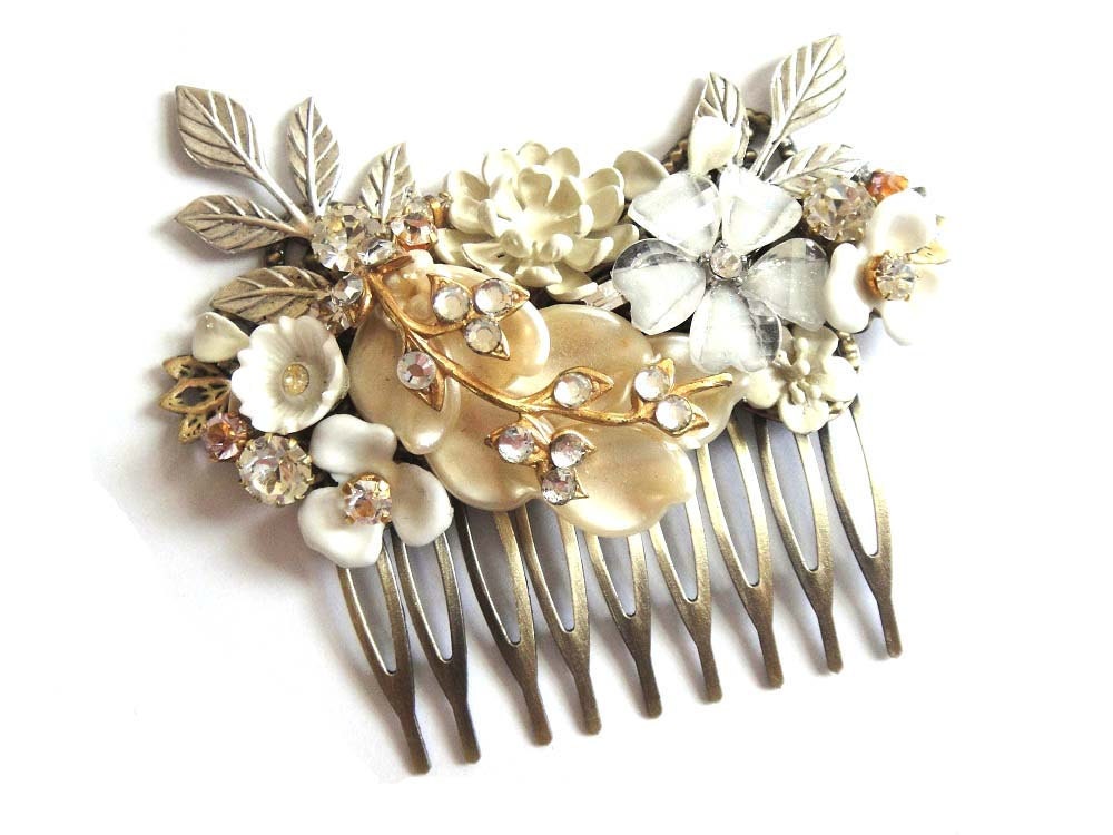 Bridal hair comb - vintage wedding - shabby chic in ivory white and champagne - bridesmaids gift