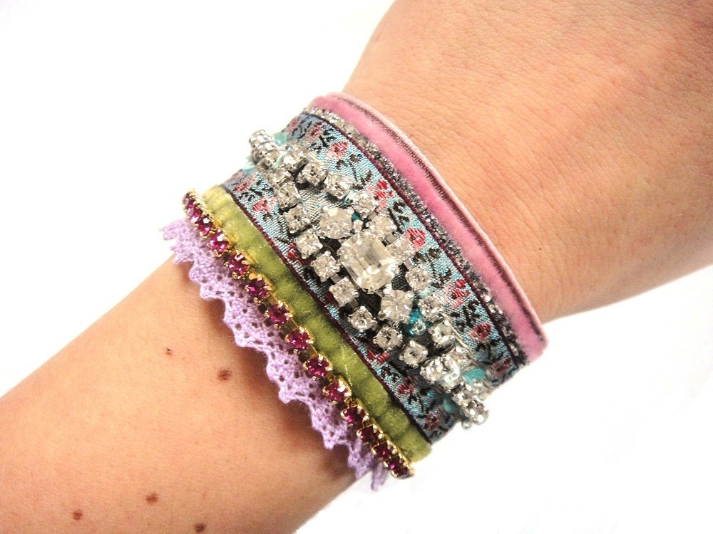 Rhinestone cuff bracelet in pink blue and green - velvet and ribbons with a sparkling vintage rhinestone bracelet upon a leather cuff