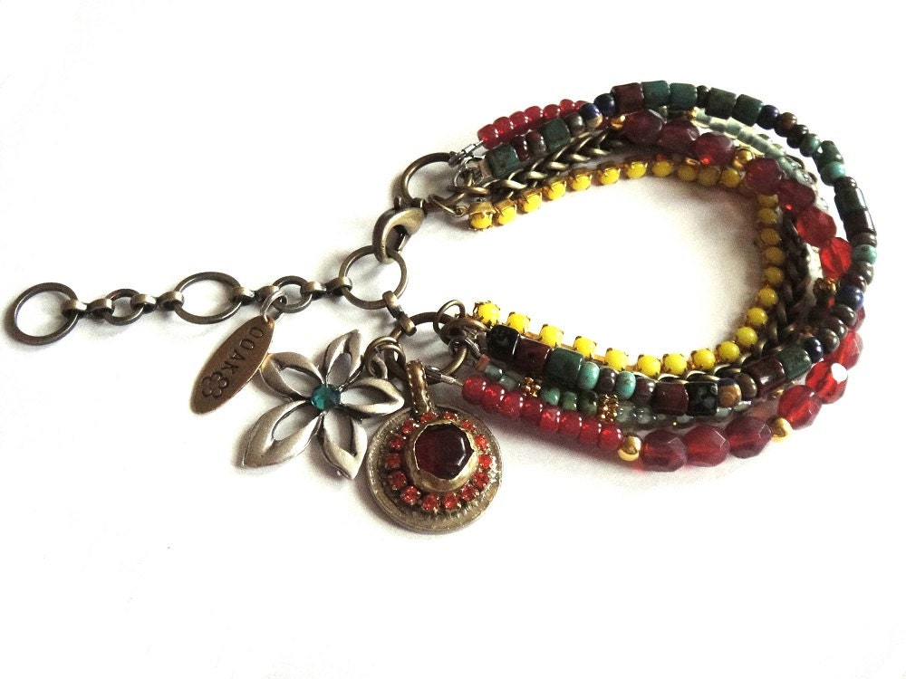 Gypsy hippie beaded bracelet with Rhinestones and antique Kuchi coin charm - colours of the orient