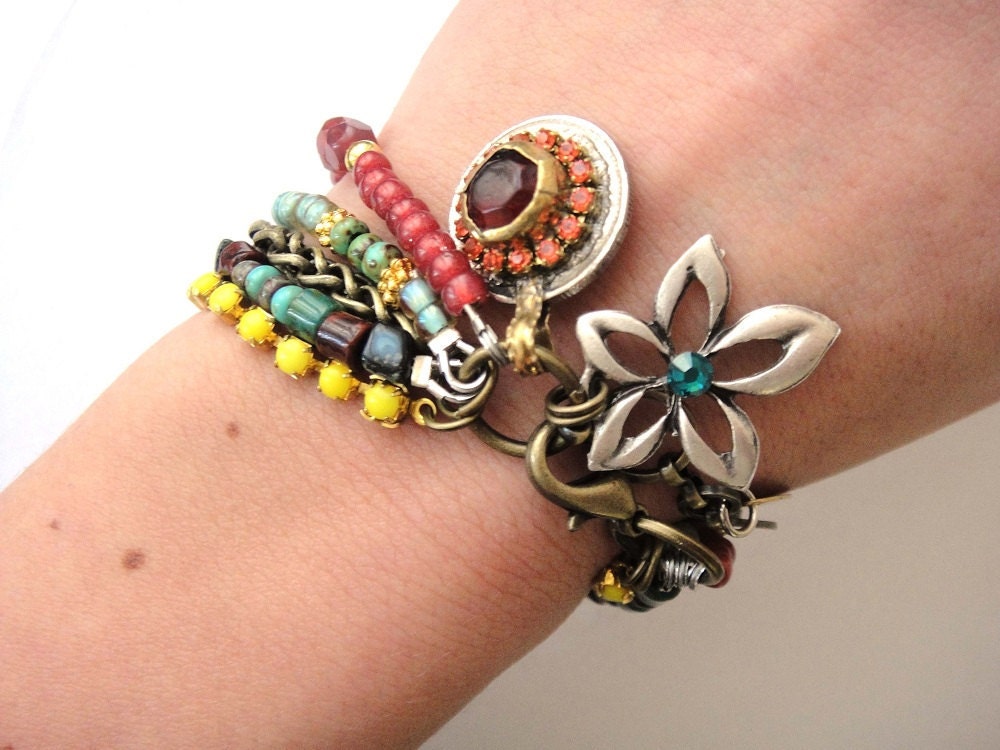 Gypsy hippie beaded bracelet with Rhinestones and antique Kuchi coin charm - colours of the orient