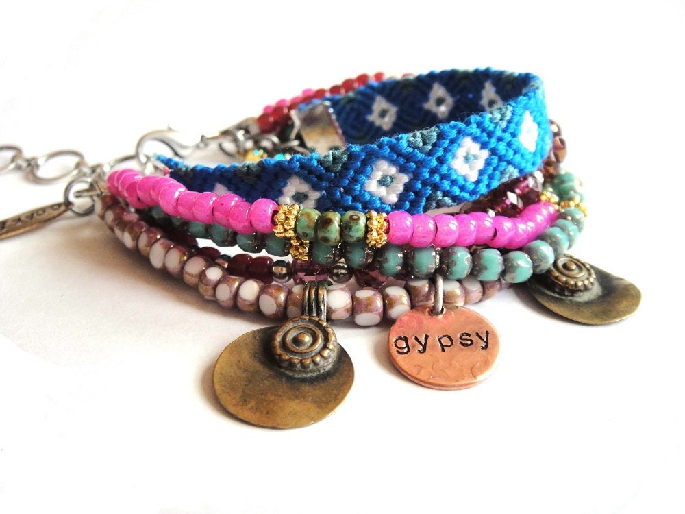 Bohemian hippie bracelet Gypsy style with friendship bracelet glass beads and antique kuchi coin charms in turquoise and pink