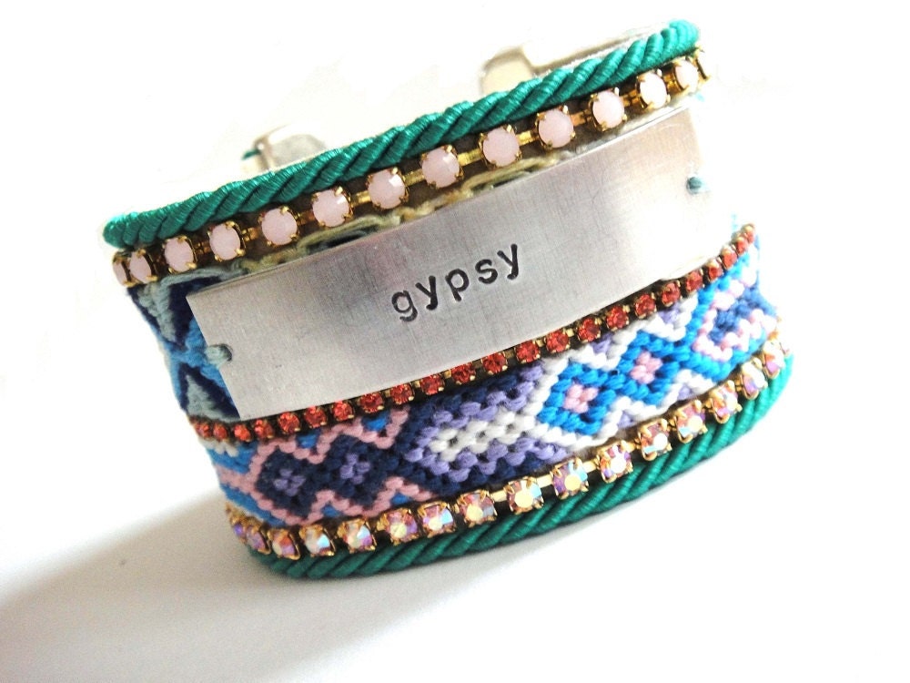 Gypsy cuff series SS2012 - Boho Chic Hippie friendship bracelet in turquoise purple and emerald with handstamped gypsy tag and Swarovski