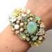 Bridal rhinestone cuff - vintage collage wedding jewelry in mint white and yellow - shabby chic flowers wrist corsage - bridesmaids gift
