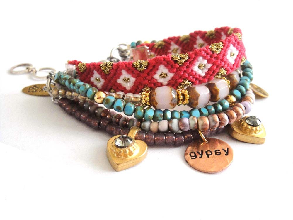 Bohemian hippie gypsy bracelet - multiple rows in pink and turquoise with friendship bracelet - handstamped tag and golden hearts