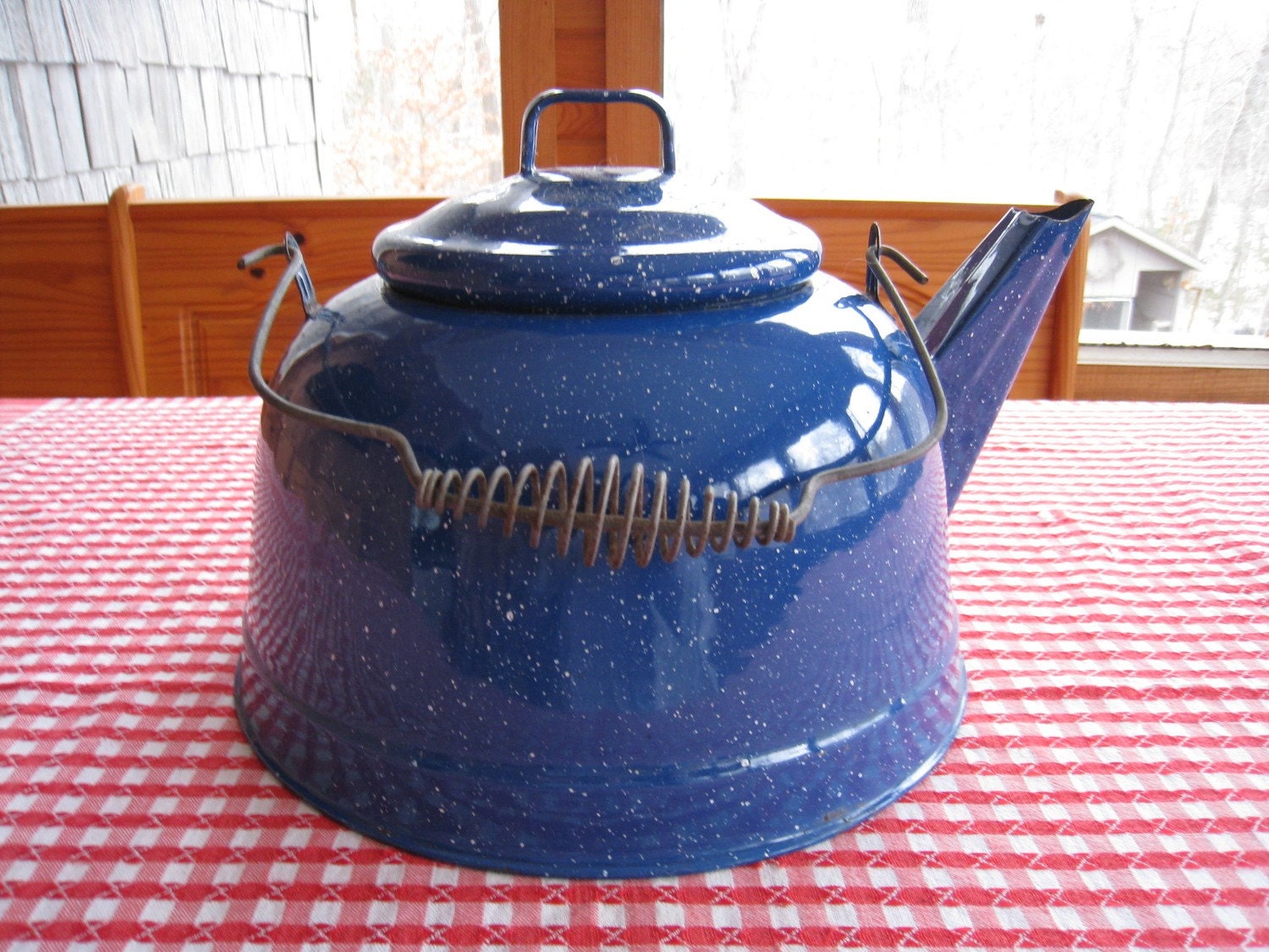 Kettle Blue Spatterware Vintage Enamelware