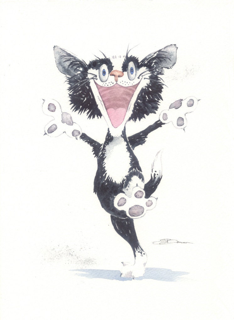 Original Watercolor 9 x 12 cat kitten fun Pick Me Up, PICKMEUP humor cute bowman tuxedo