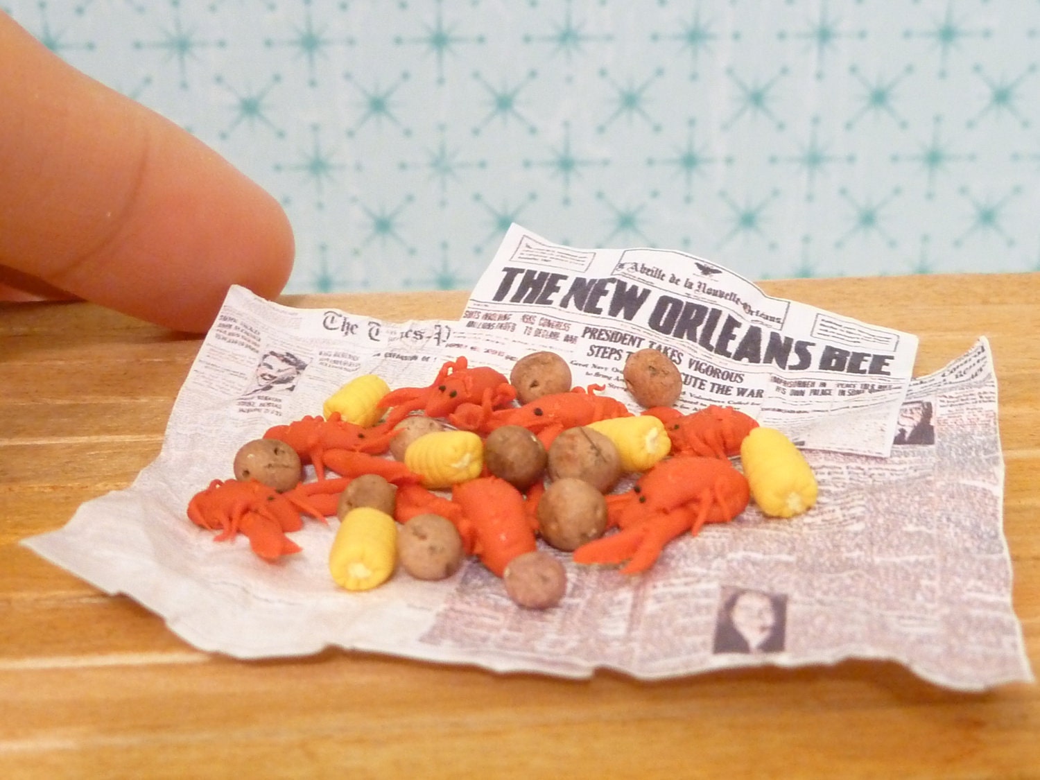 Miniature Dollhouse Crawfish Boil on Newspaper
