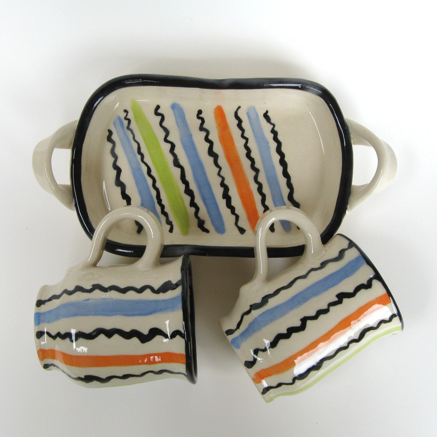 Mugs  Tray Handmade Pottery Set Stoneware  Ceramic Cups