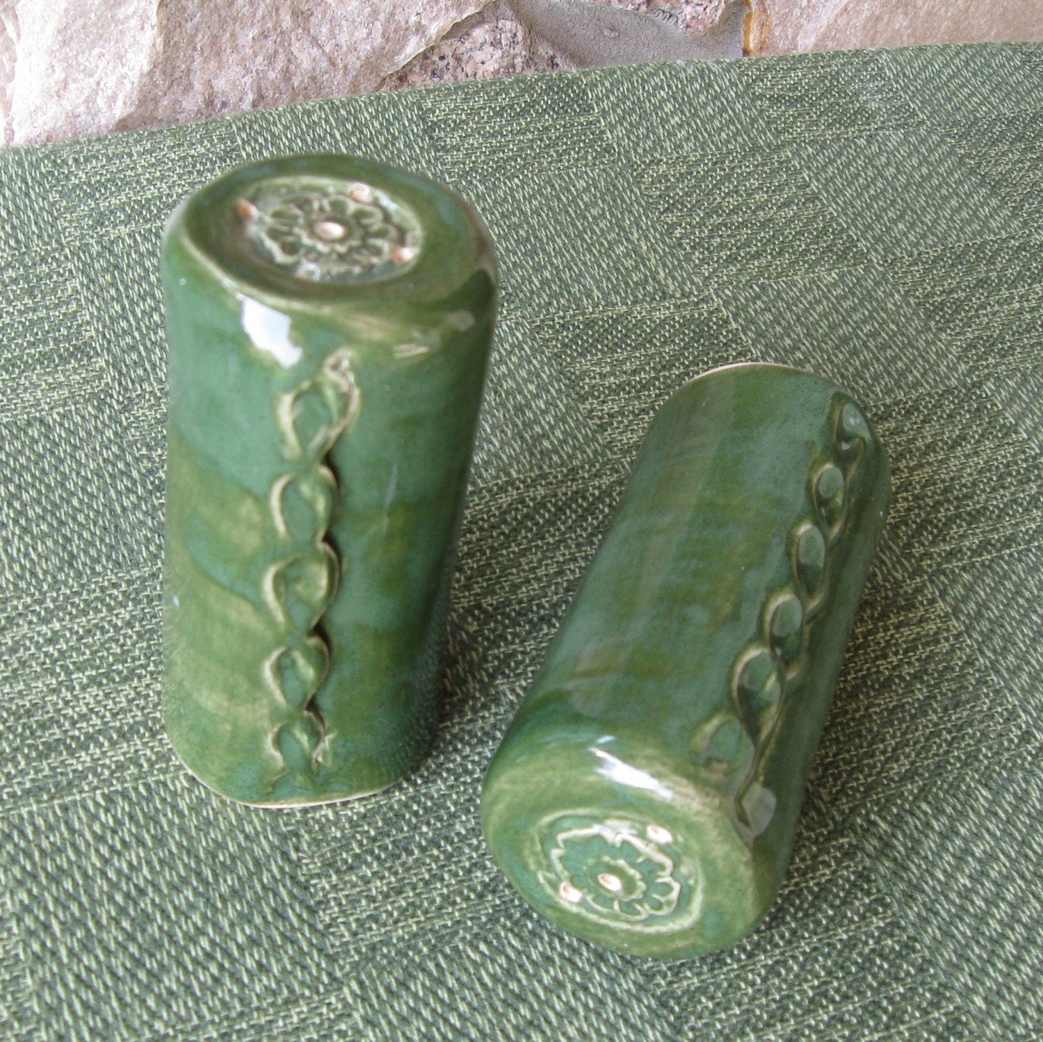 Salt and Pepper Shakers Handmade Pottery Kitchen Ceramics Green