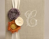 Wedding Guest Book & Memory Album - Linen with Monogram and Fabric Flowers
