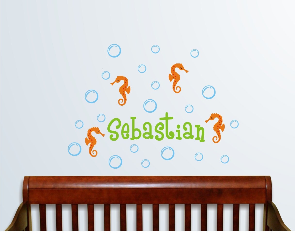 Personalized Name with Seahorses and water bubbles , Custom Vinyl wall decals stickers, nursery, kids & teens room, removable stickers
