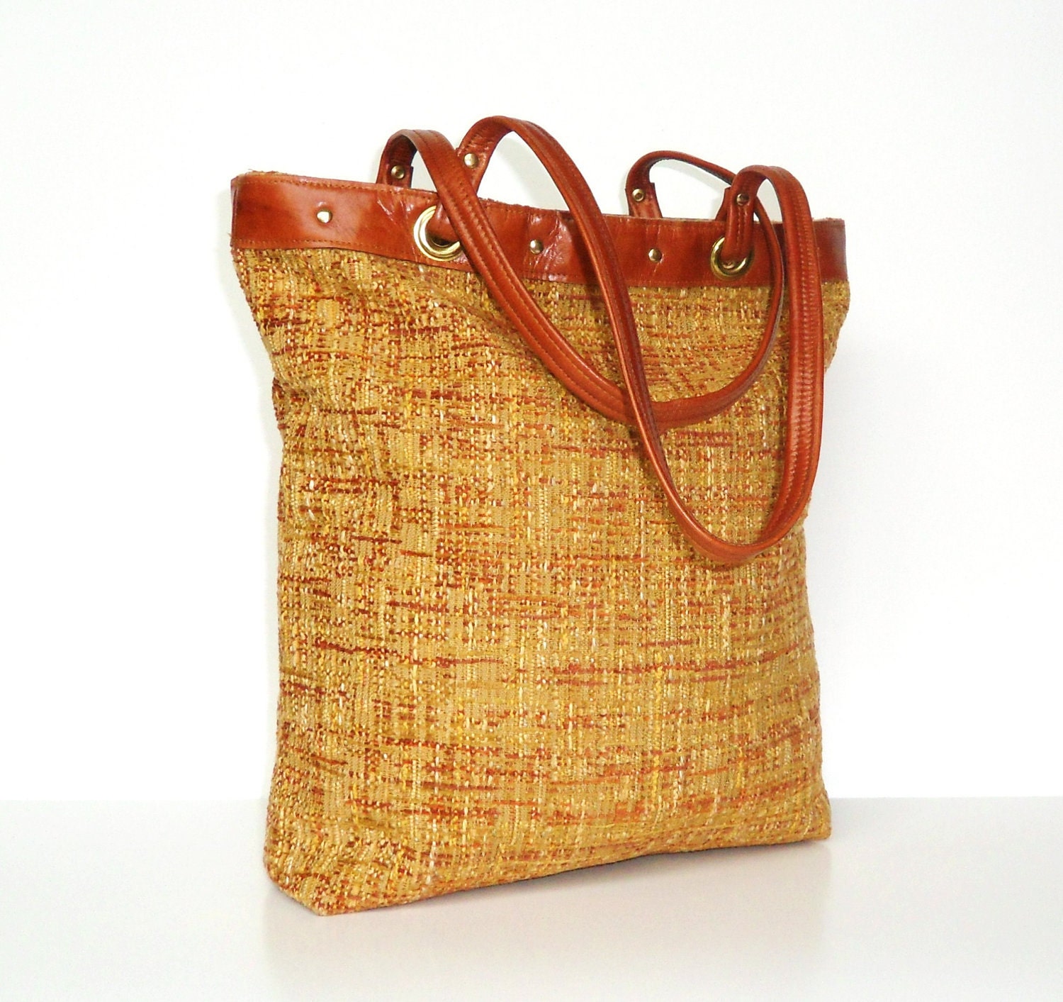 Autumn Weave Tote - Leather Trim - Pouch Style - OOAK - Ready to Ship