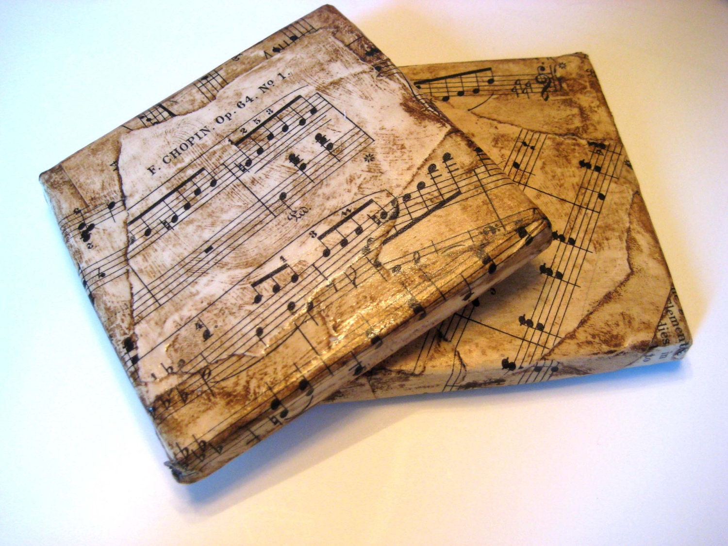 Classical Music Coasters, re purposed tiles, vintage sheet music, set of two, 4 x 4 inches