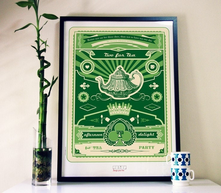 Spring 15% SALE Big Kitchen Poster. 20x30 (50x70cm). Fits into IKEA frame, "Two For Tea", Green Print Hebrew / English